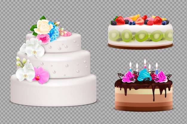 Free vector transparent set of handmade festive cakes to order for birthday wedding or other holiday realistic illustration