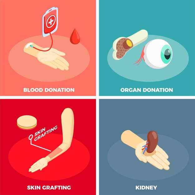 Transplantation 2x2 design concept with organ donation skin grafting and blood donation square icons isometric vector illustration