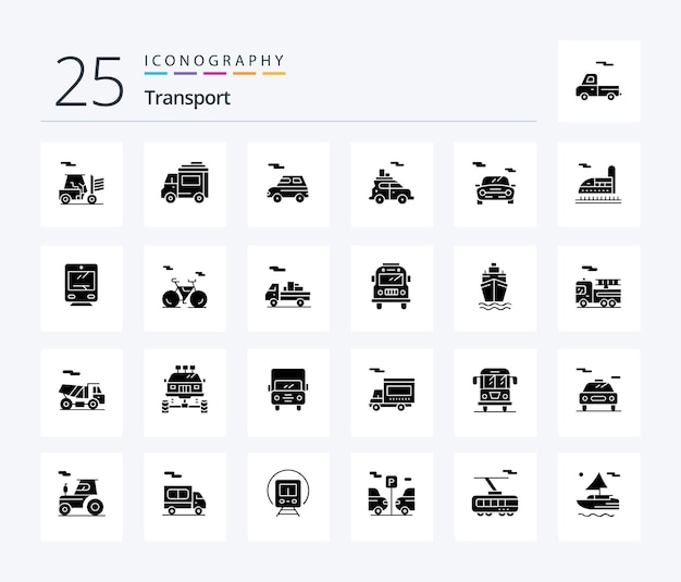 Vettore gratuito trasporto 25 pacchetto di icone glyph solido che include il trasporto del treno per auto da trasporto