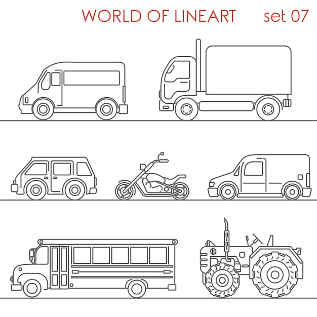 Transport aerial road moto tractor school bus al lineart  set. Line art collection.