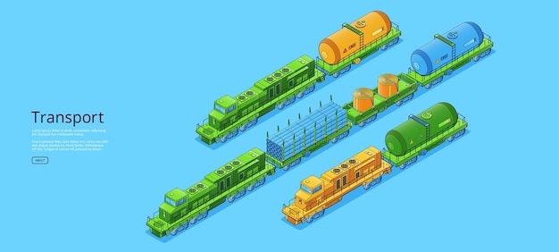 Transport banner with cargo trains with locomotive tanks and platforms vector poster of freight railway transportation with isometric illustration of trains with flatcars and cisterns