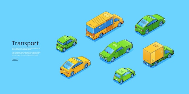 無料ベクター 等尺性の車のトラックとバスで輸送バナー