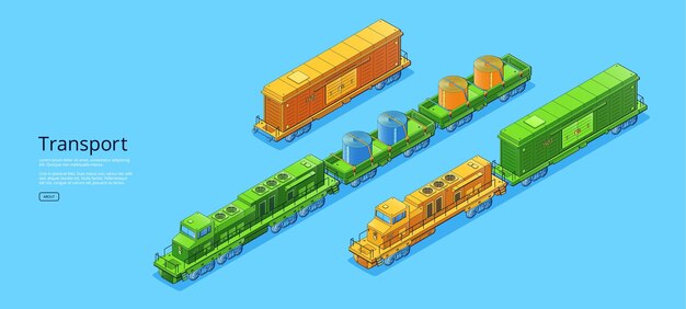 Транспортный баннер с изометрическими грузовыми поездами с локомотивами и платформами Векторный плакат железнодорожного транспорта с плоской иллюстрацией современных поездов с грузовыми вагонами и платформами