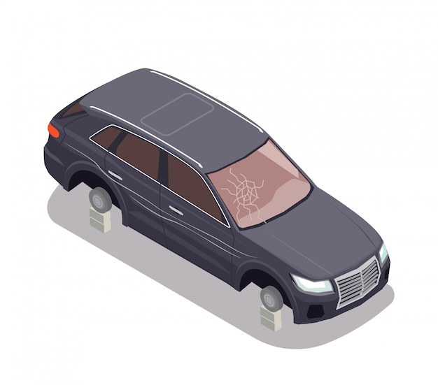 Transport composition with black car without tyres and with broken wind screen on white background 3d isometric