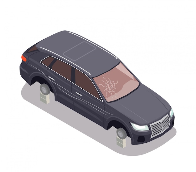 Транспортная композиция с черным автомобилем без шин и с разбитым ветром на белом фоне 3d Изометрические