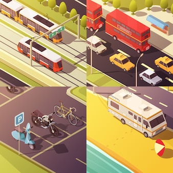 Набор иконок транспортной концепции с автомобилями и фургонами