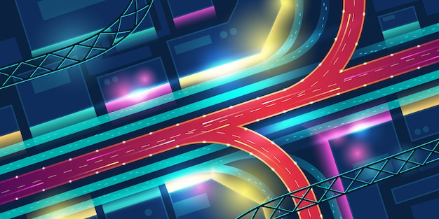 Transport interchange road in night neon city top view