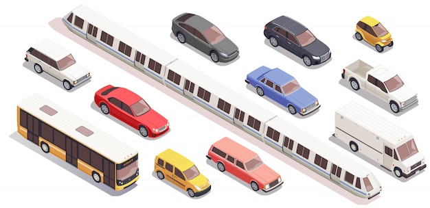 Бесплатное векторное изображение Транспортные изометрические иконки с автобусом вагон поезда на белом фоне 3d