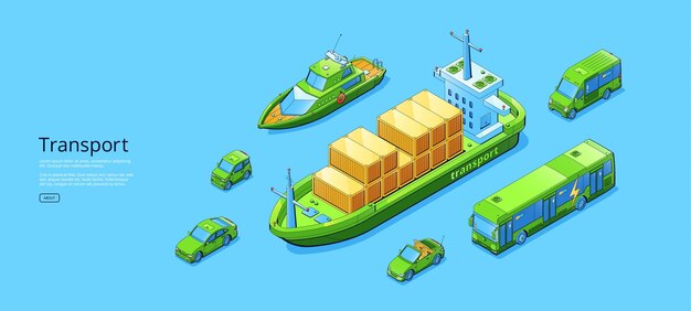 Transport isometric web banner with ship car van