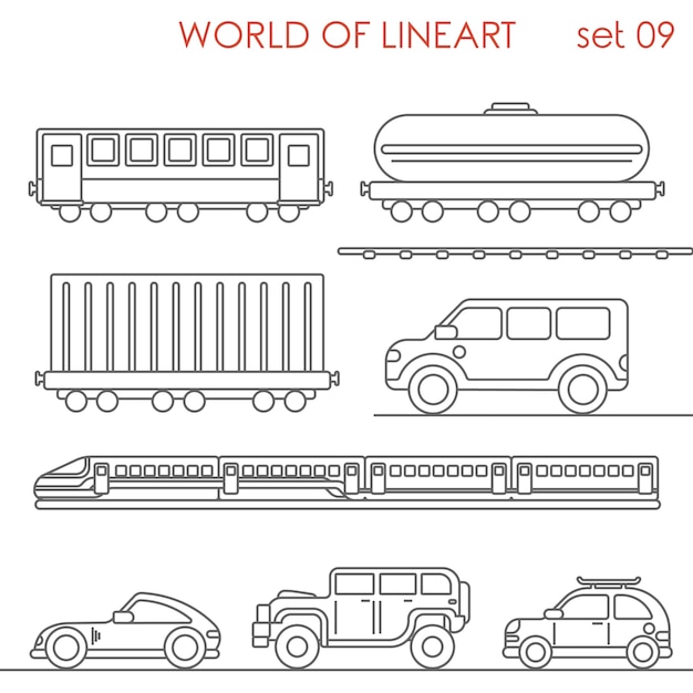 輸送鉄道道路ワゴン貯水槽コンテナジープアル線画セット。ラインアートコレクション。