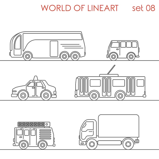 Transport road taxi van truck bus trolley bus al line art style  set. 