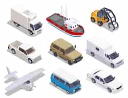 Free vector transport set of isolated isometric cars trucks airplane and boat