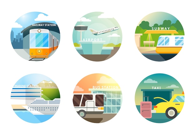 Transport stations flat icons set. Transportation and railway, airport and subway, metro and taxi