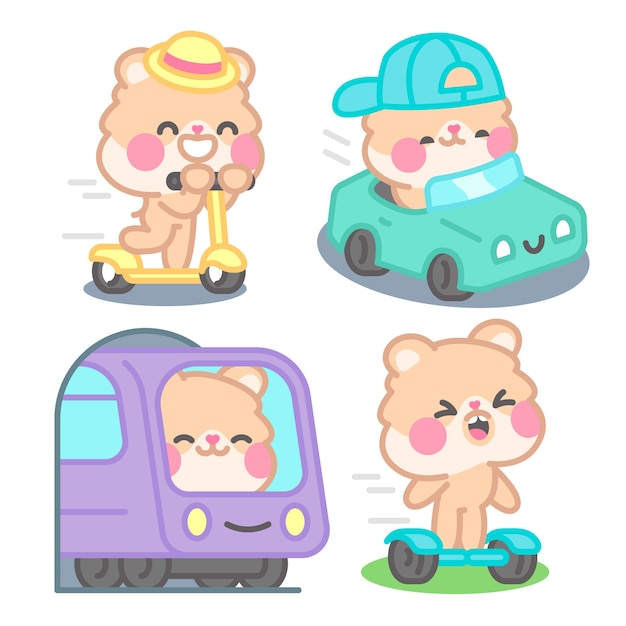 Free vector transport stickers collection with kimchi the hamster