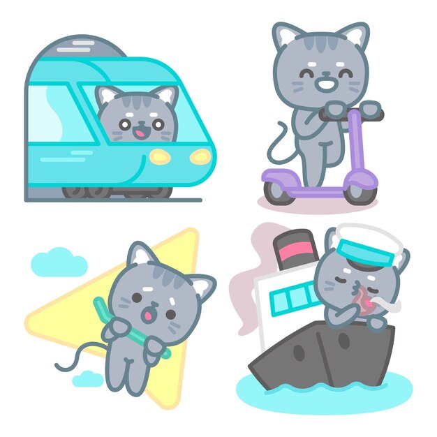 Free vector transport stickers collection with tomomi the cat