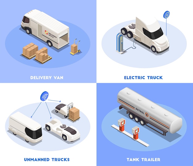 無料ベクター 配達用バンと貨物輸送の3d分離図による輸送2x2アイソメトリックデザインコンセプト