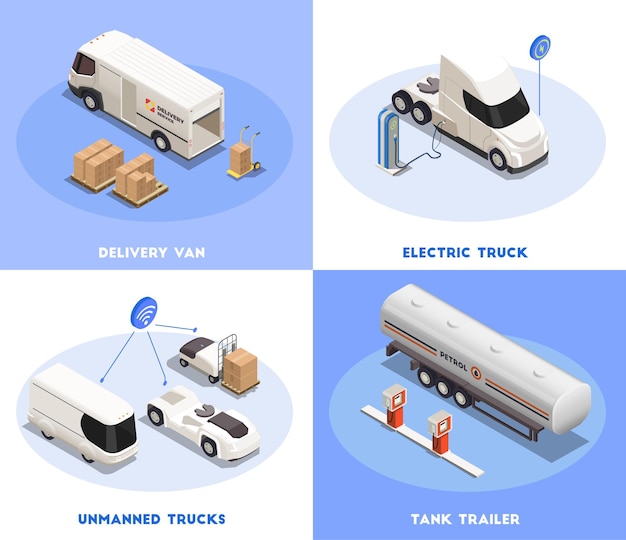 Free vector transportation 2x2 isometric design concept with delivery van and cargo transport 3d isolated  illustration