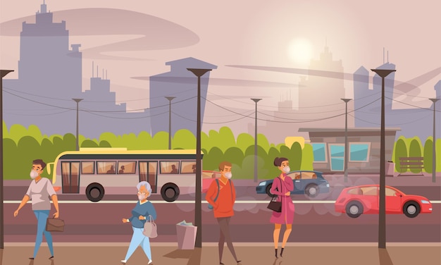 Free vector transportation means emitting smoke clouds on cityscape background people wearing protective face masks