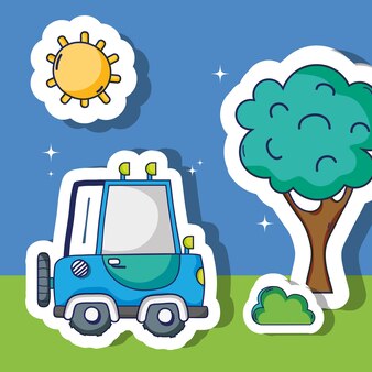 Transportation truck with sun and tree patches
