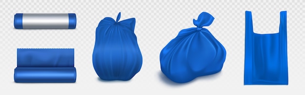 Trash bag mockup, plastic roll and sack full of garbage. Blue disposable package for rubbish and supermarket . Household supplies for waste throw, isolated realistic 3d illustration set