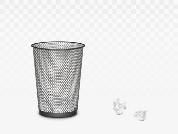 Trash can with crumpled paper inside and around. Office, home litter bin for thrown sheets, wastepaper garbage basket isolate. 3d Realistic vector illustration, clip art