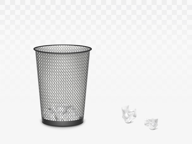 Trash can with crumpled paper inside and around. Office, home litter bin for thrown sheets, wastepaper garbage basket isolate. 3d Realistic vector illustration, clip art