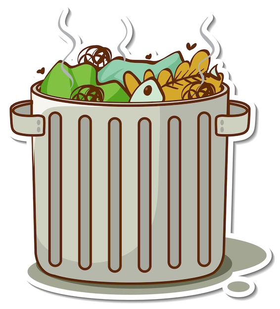 Trash in garbage can cartoon sticker