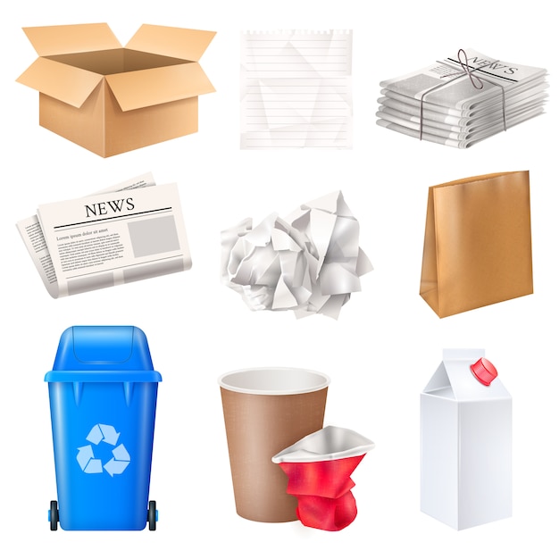 Vettore gratuito i rifiuti e i rifiuti hanno messo con realistico del cartone e della carta isolato