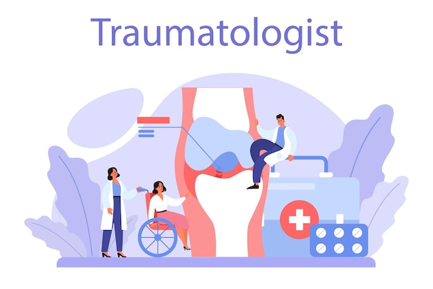 Traumatologist and trauma surgery doctor injured limb broken bone or sprain bondage and cast application joint and burn injury vector illustration