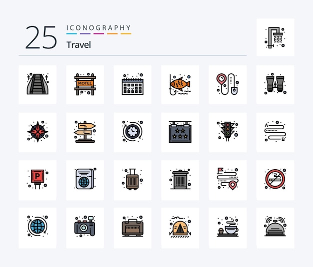 Travel 25 Line Filled icon pack including binocular check in dates booking hook