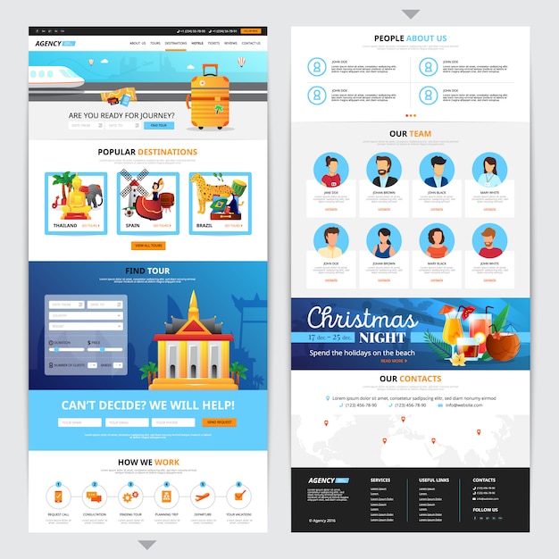 Дизайн веб-страницы туристического агентства с популярными символами назначения плоский изолированных векторные иллюстрации