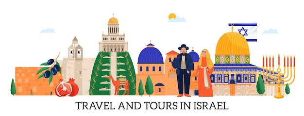 無料ベクター 人々の建築名所と自然のベクトル図を含むイスラエルへの旅行とツアーフラット水平バナー
