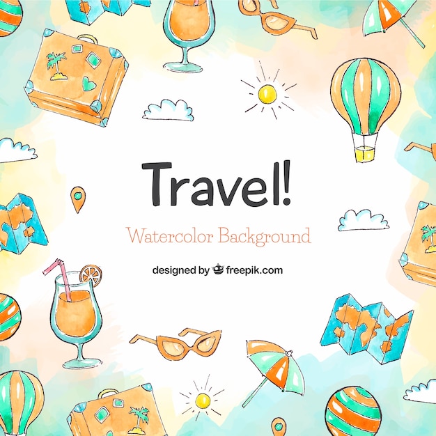 Free vector travel background with elements  in watercolor style