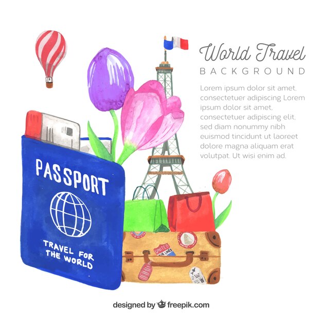 Travel background with elements in watercolor style