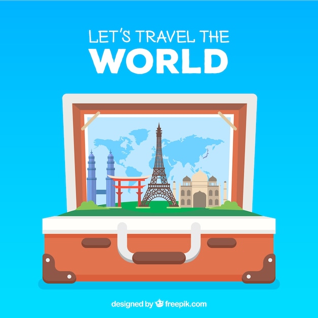 Travel background with flat landmarks in suitcase