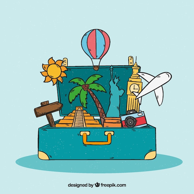 Free vector travel background with hand drawn monuments in suitcase