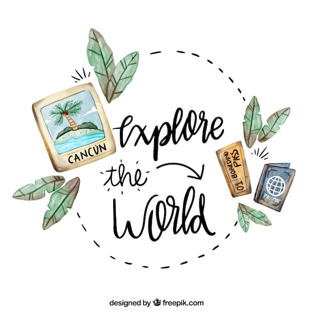 Travel background with lettering in watercolor style