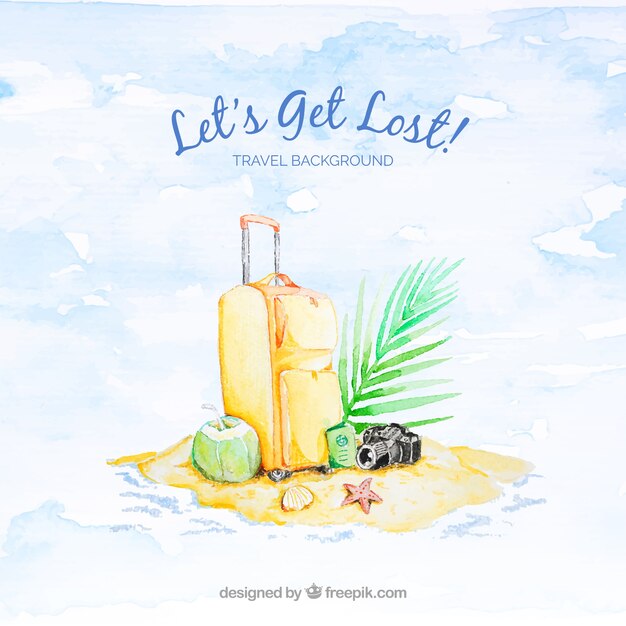 Travel background with luggage in watercolor style