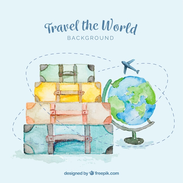 Free vector travel background with luggage in watercolor style