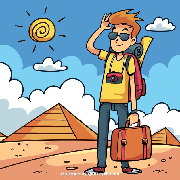 Travel background with man in front of pyramids