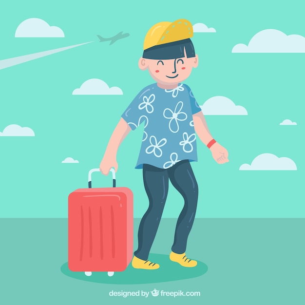 Travel background with man and suitcase