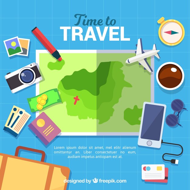 Travel background with map in flat style