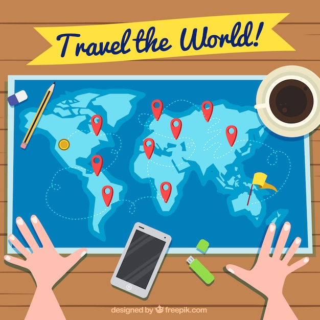 Бесплатное векторное изображение Путешествие фон с человеком, глядя на карту мира