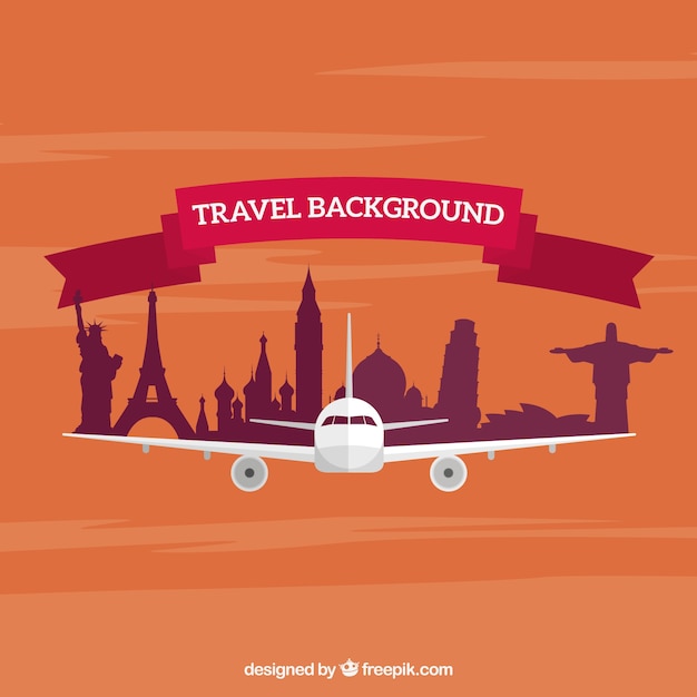 Travel background with plane and monuments in flat design
