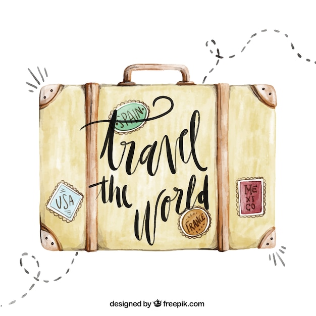 Travel background with watercolor suitcase