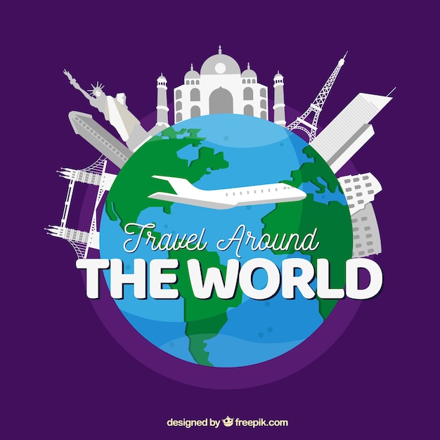 Travel background with white landmarks around earth