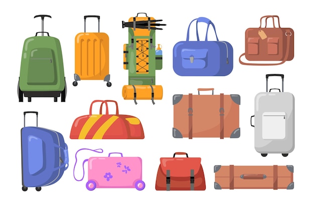 여행 가방 세트. 어린이 또는 성인용 바퀴가 달린 플라스틱 및 금속 가방, 트레킹 백팩