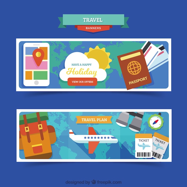 Free vector travel banners with elements in flat design