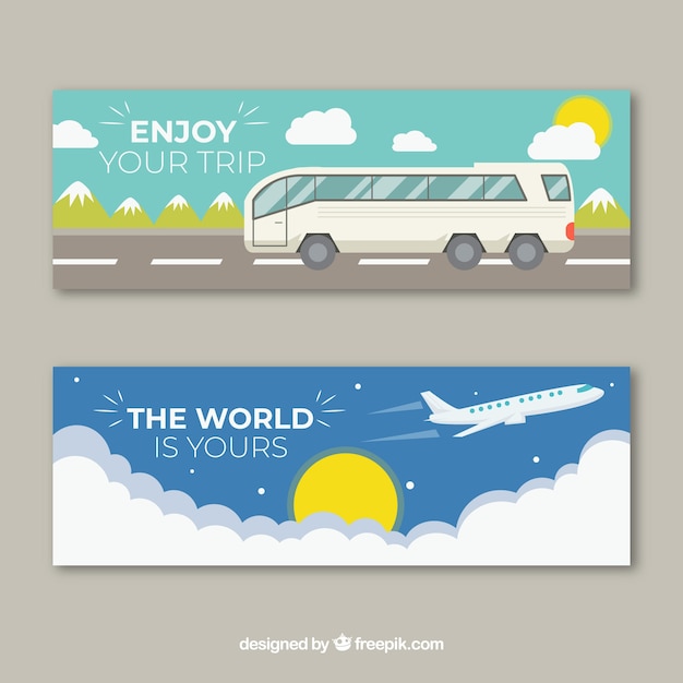 Travel banners with hand drawn transports