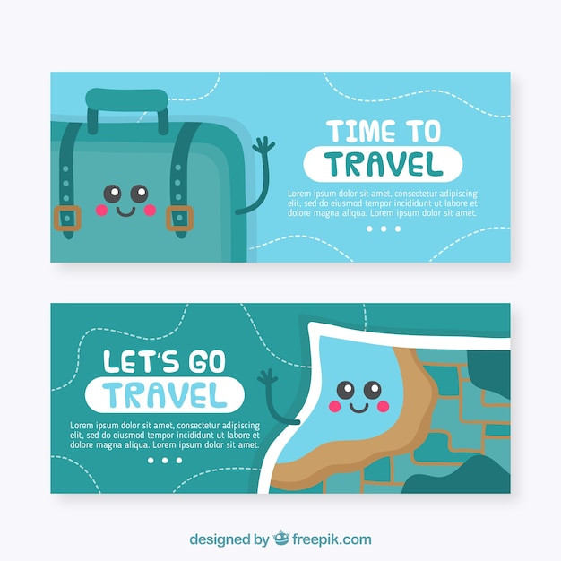 Travel banners with suitcase and map